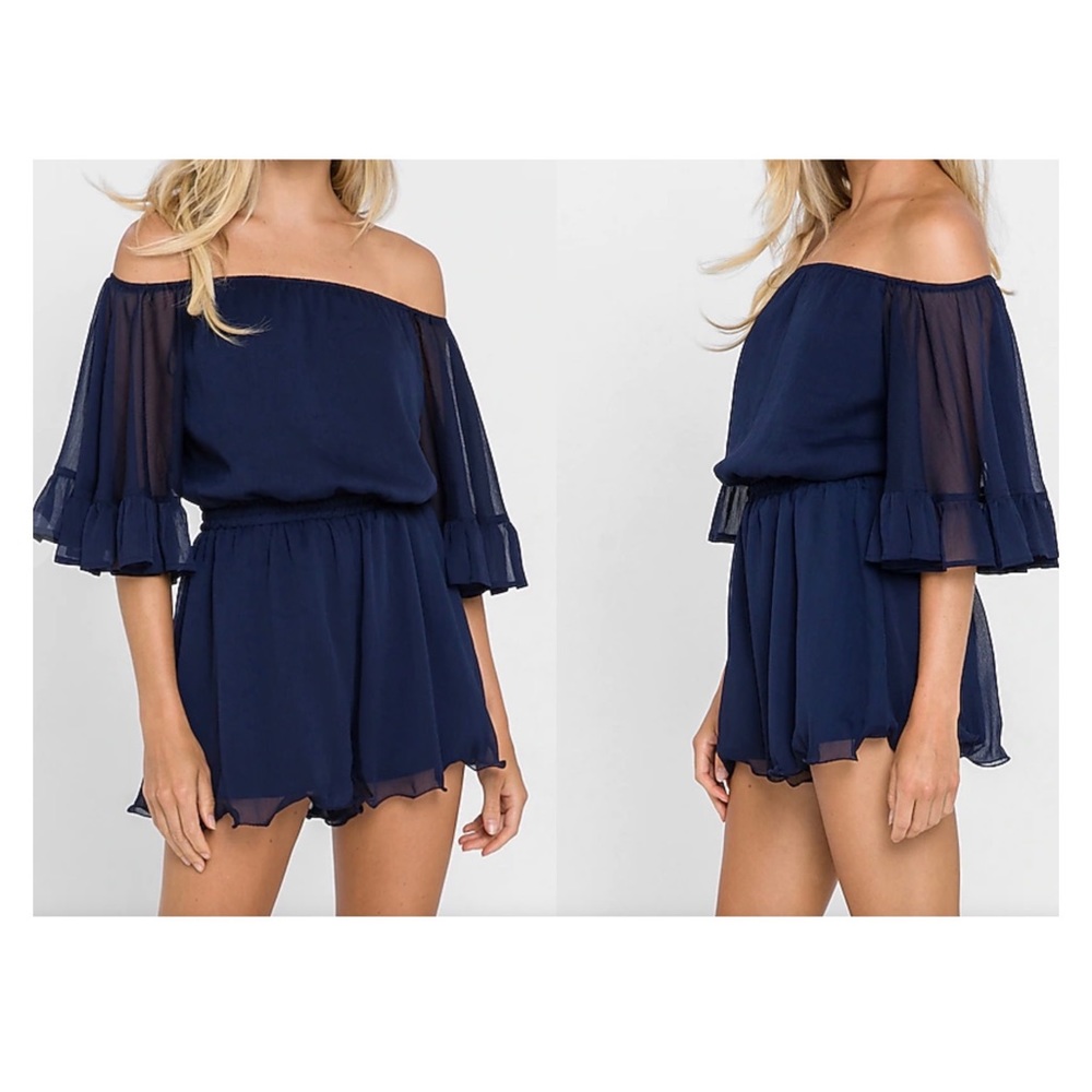 Endless Rose Off the Shoulder Ruffled Sleeve Romper Sz XS Blue